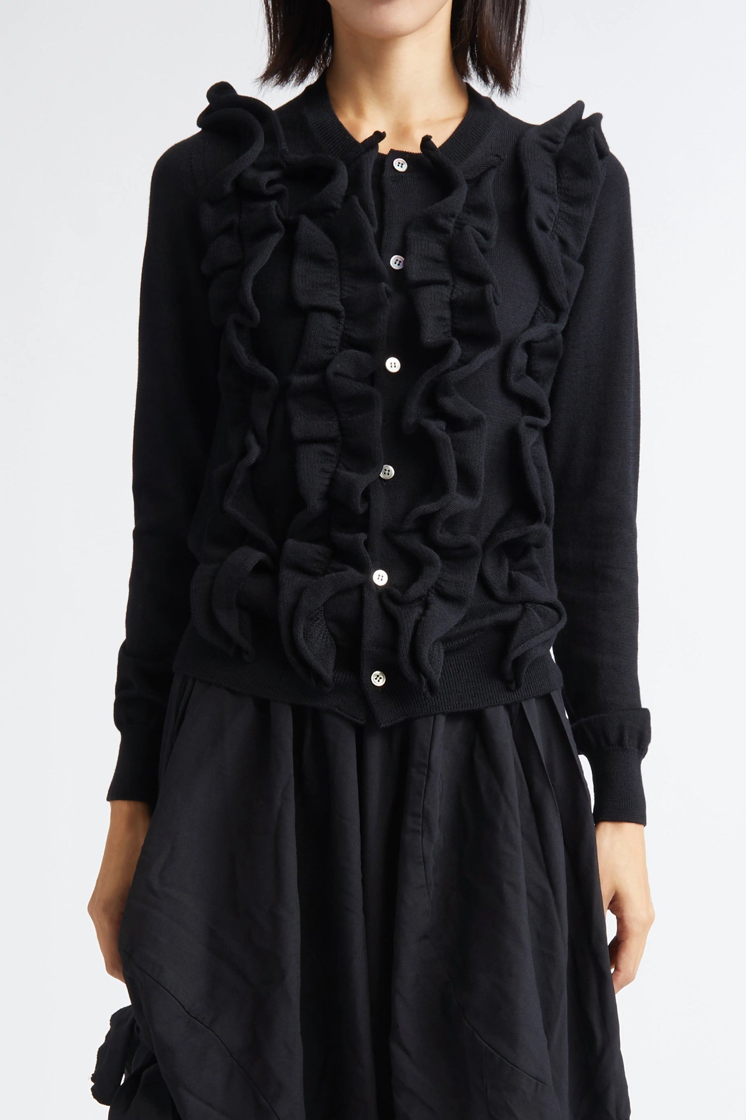 RUFFLE BUTTON-UP CARDIGAN IN BLACK , FW25