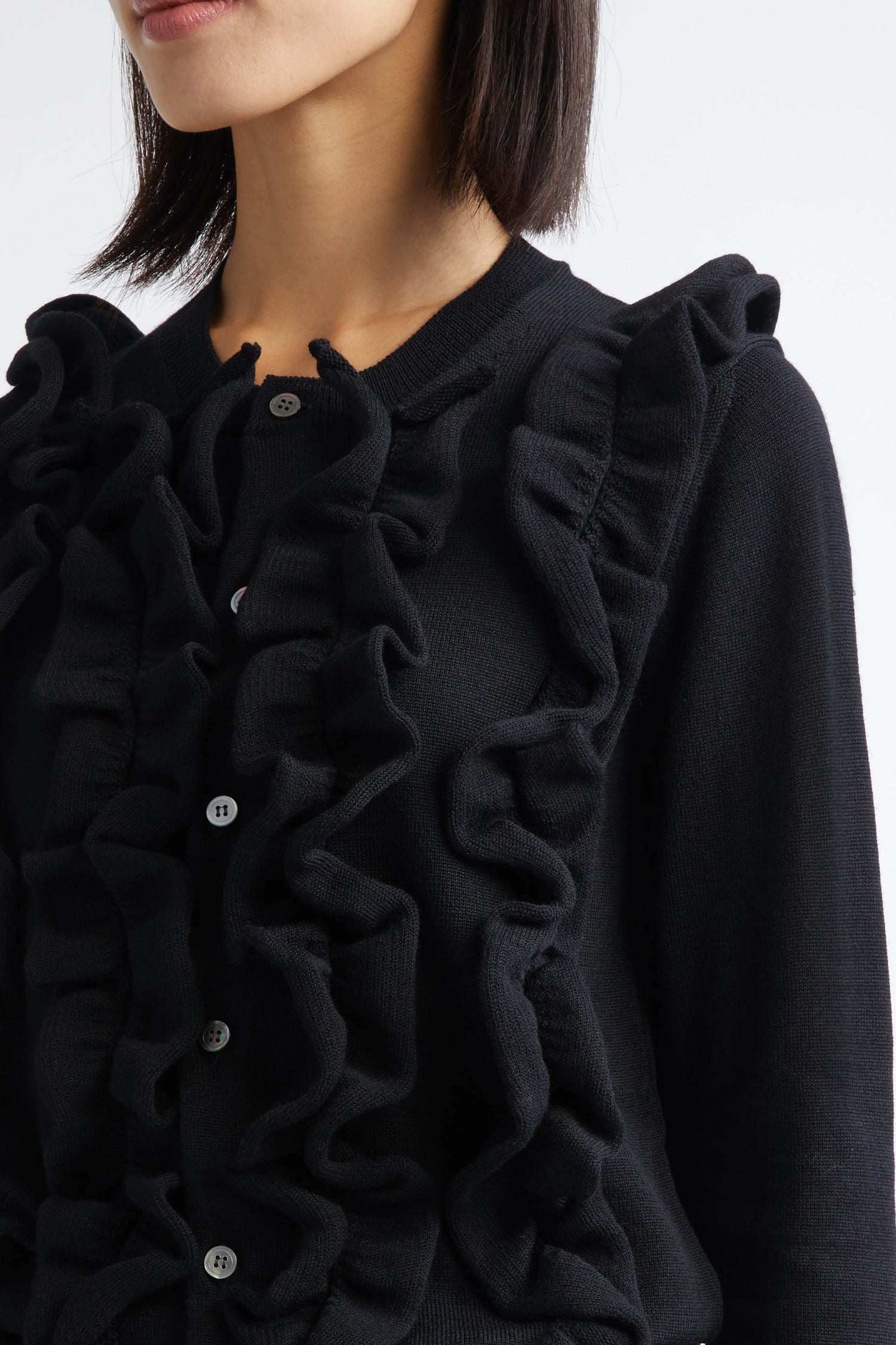 RUFFLE BUTTON-UP CARDIGAN IN BLACK , FW25