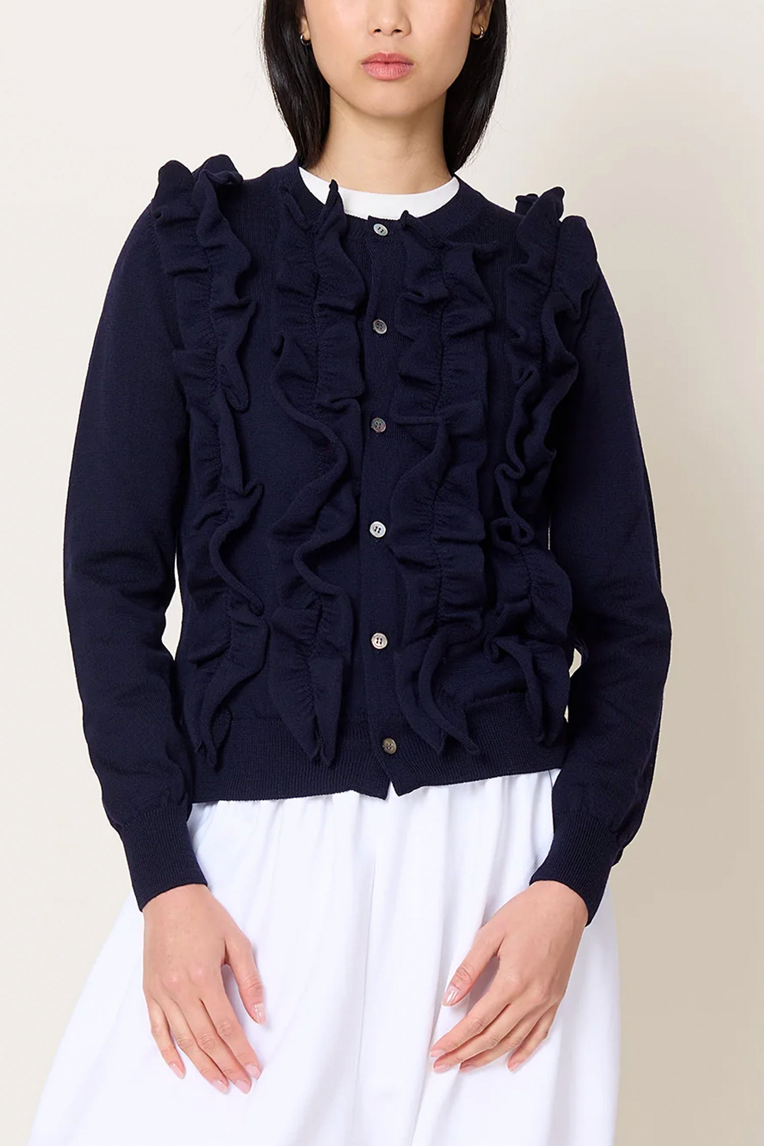 RUFFLE BUTTON-UP CARDIGAN IN NAVY, FW25