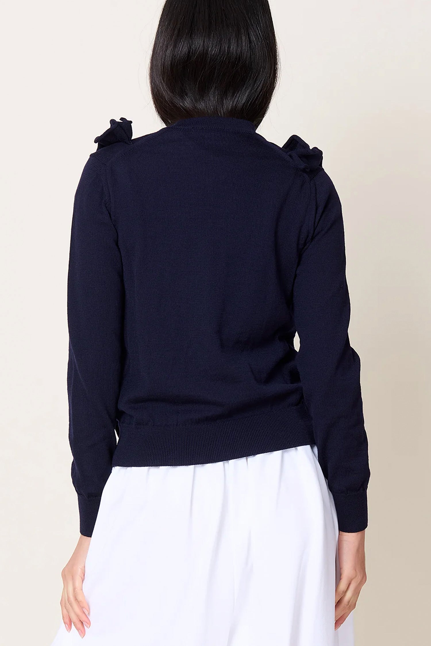 RUFFLE BUTTON-UP CARDIGAN IN NAVY, FW25