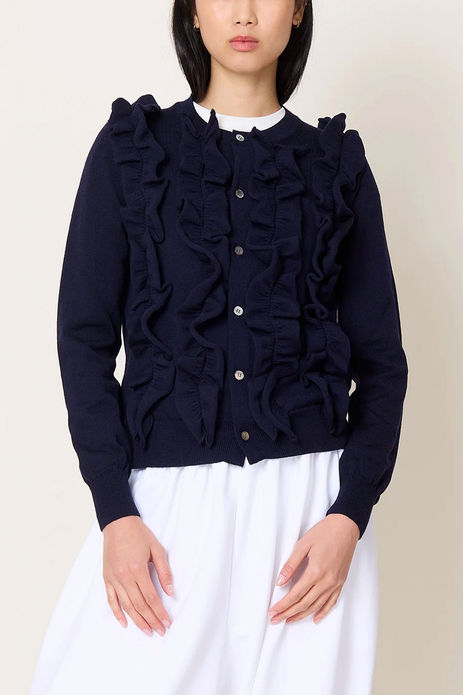 RUFFLE BUTTON-UP CARDIGAN IN NAVY, FW25