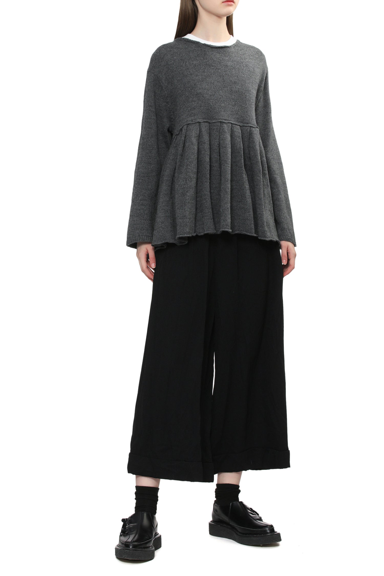 RUFFLE PEPLUM SWEATER IN CHARCOAL, FW25