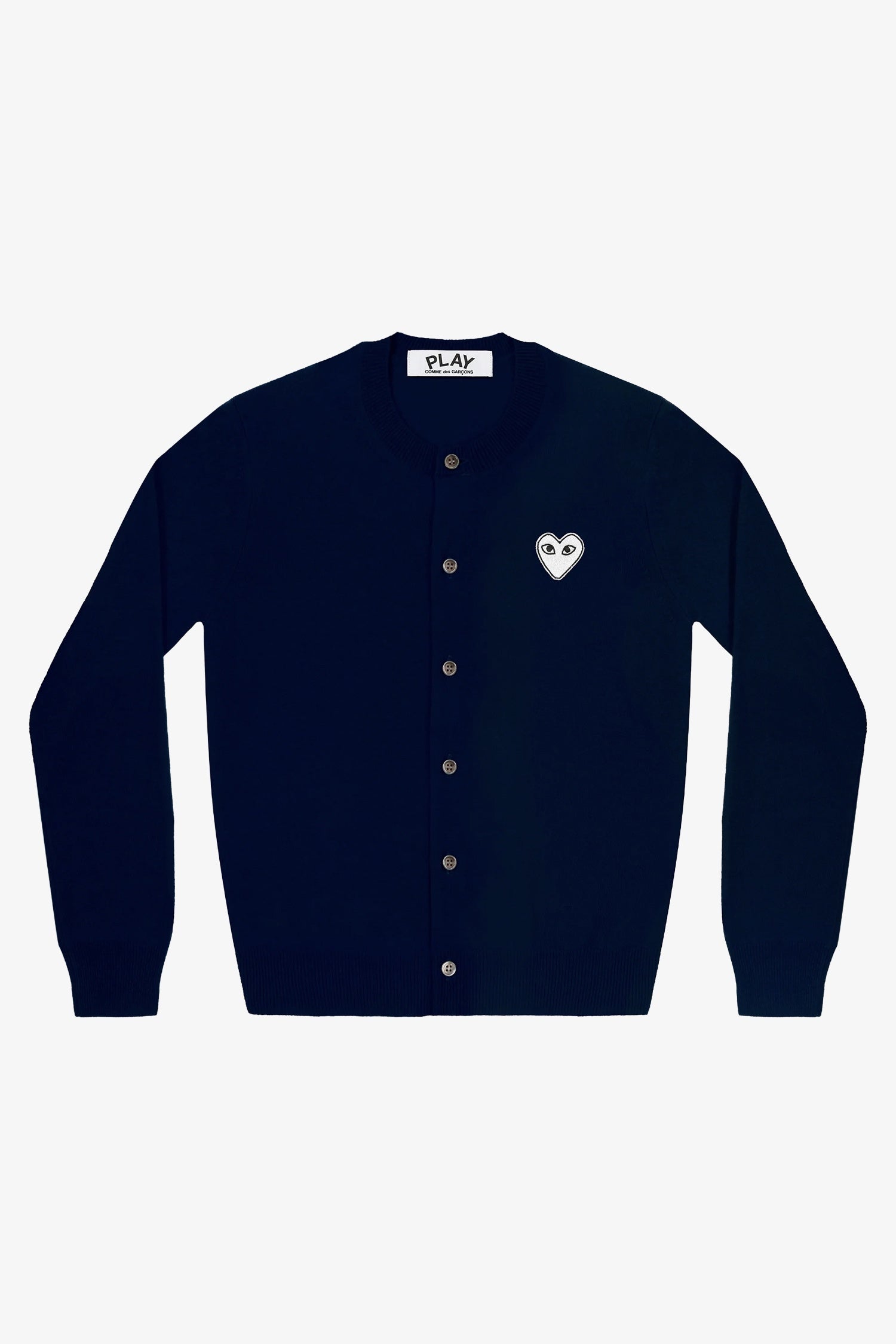 UNISEX ROUND NECK CARDIGAN W WHITE EMB. HEART IN NAVY, SS26