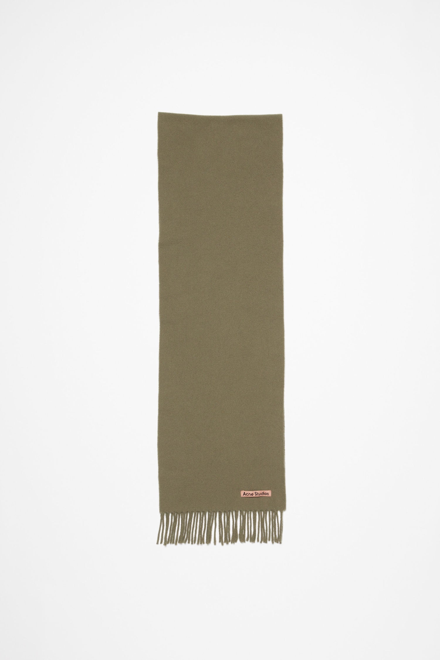 SKINNY FRINGE WOOL SCARF IN KHAKI GREEN