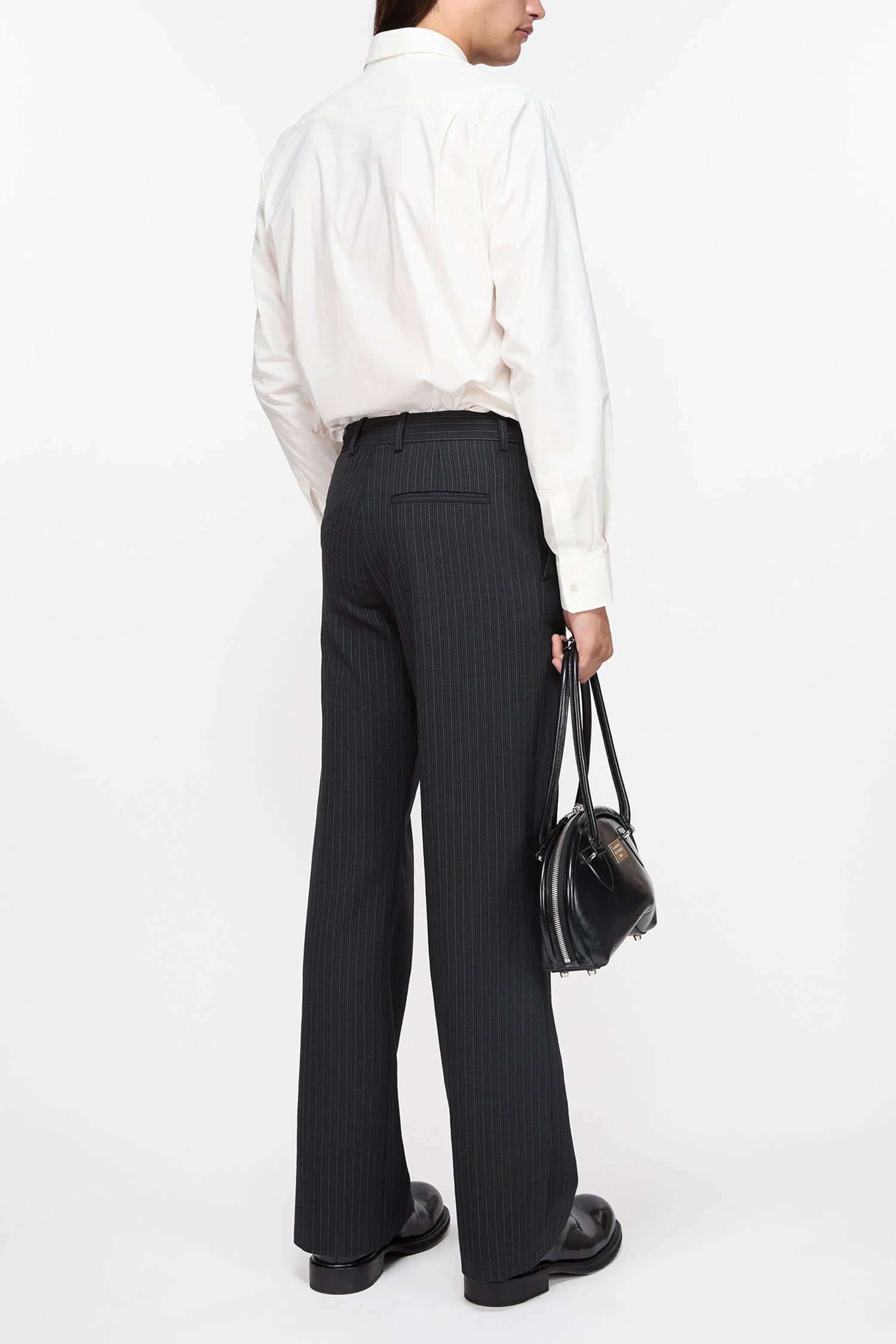 PINSTRIPE WOOL BLEND TROUSERS IN BLACK, SS25