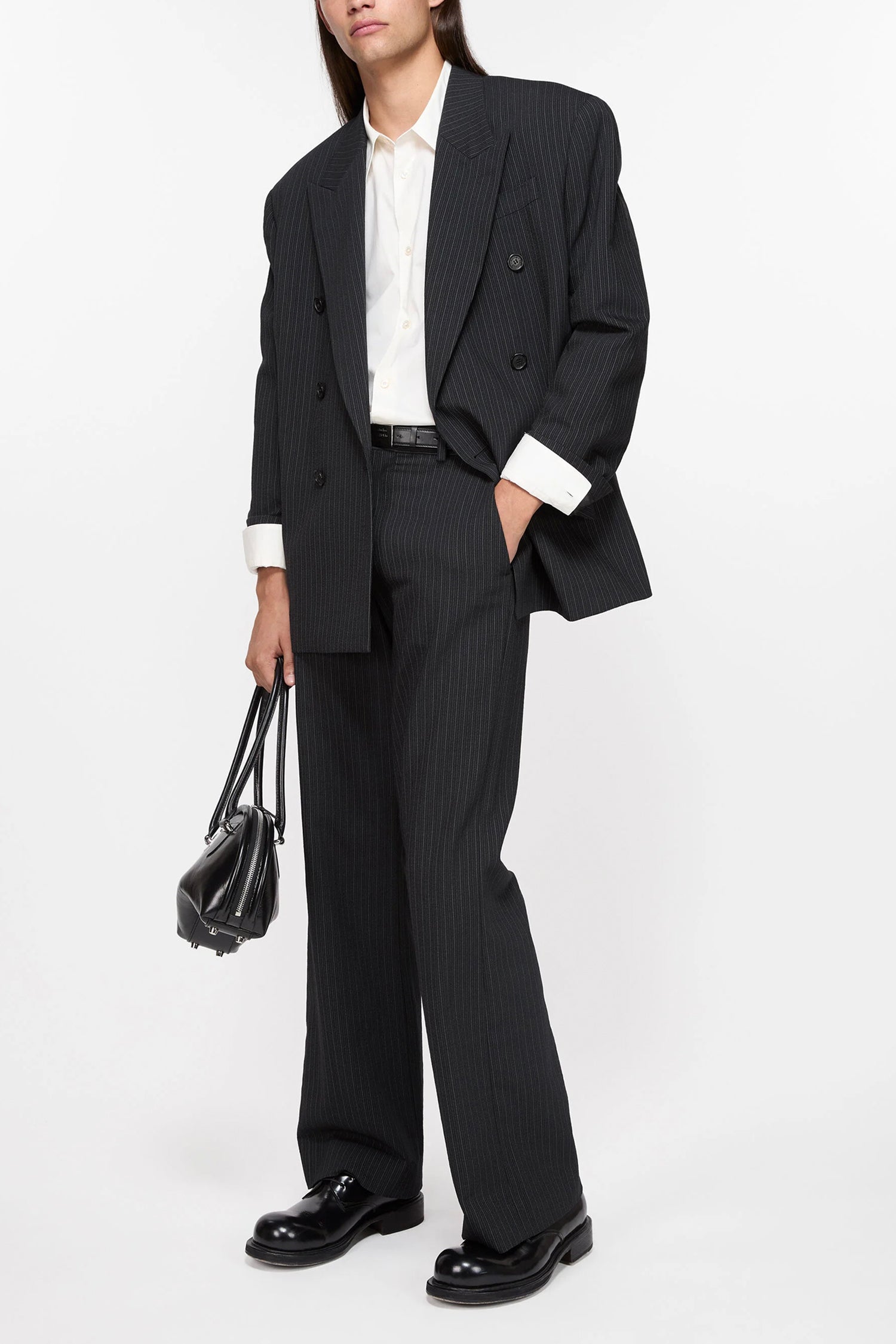 PINSTRIPE WOOL BLEND TROUSERS IN BLACK, SS25