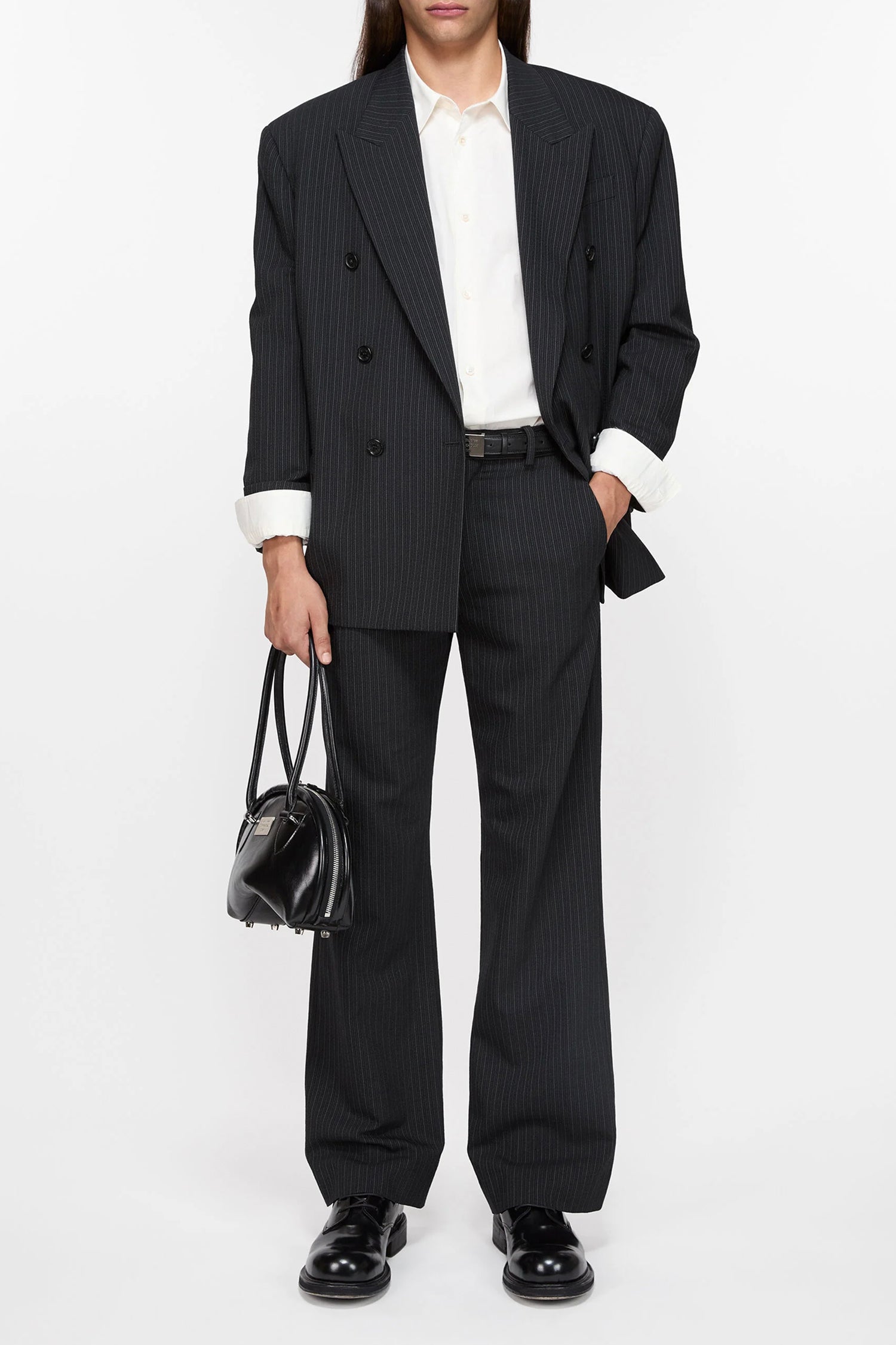 PINSTRIPE WOOL BLEND TROUSERS IN BLACK, SS25