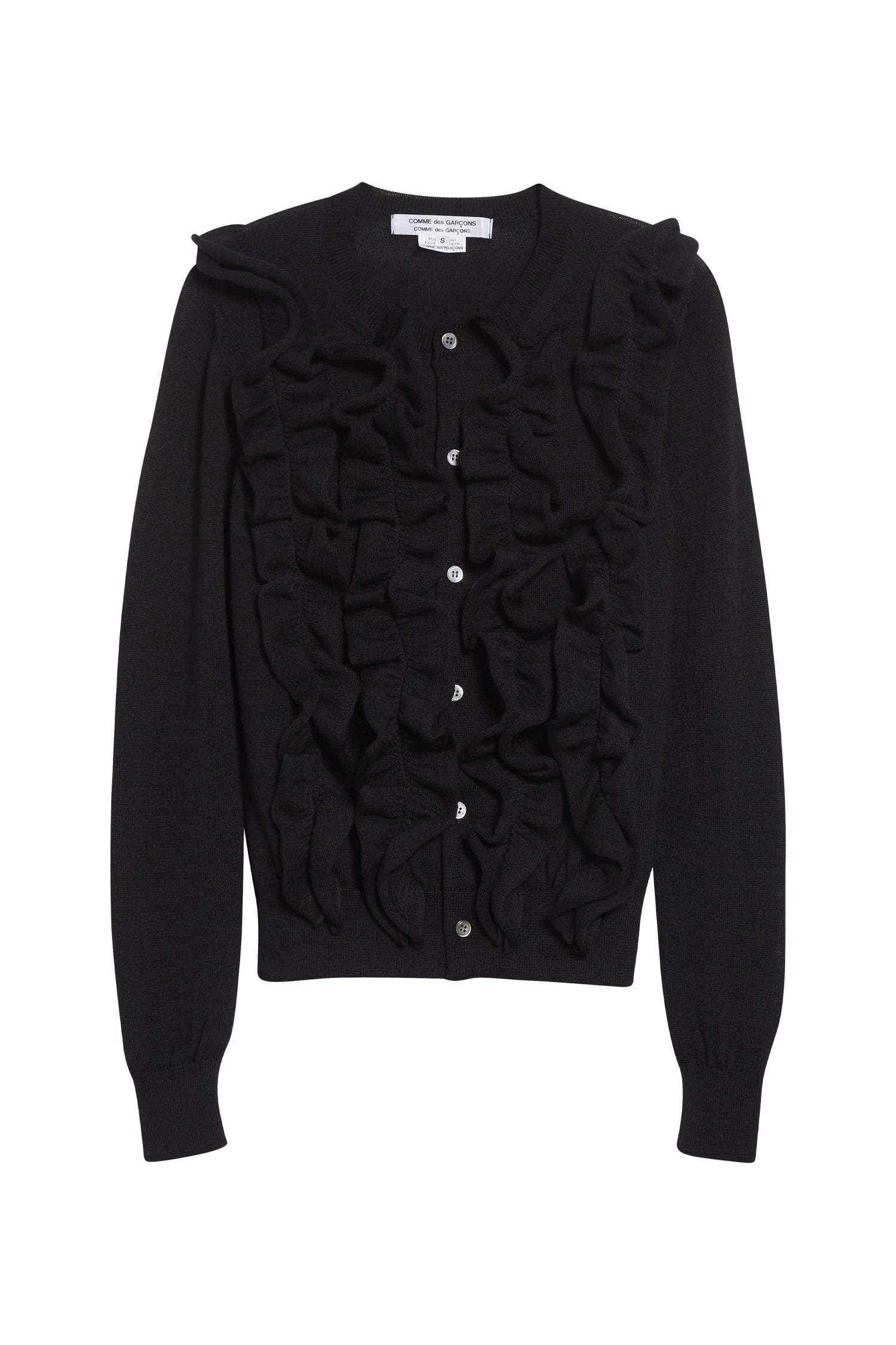 RUFFLE BUTTON-UP CARDIGAN IN BLACK , FW25