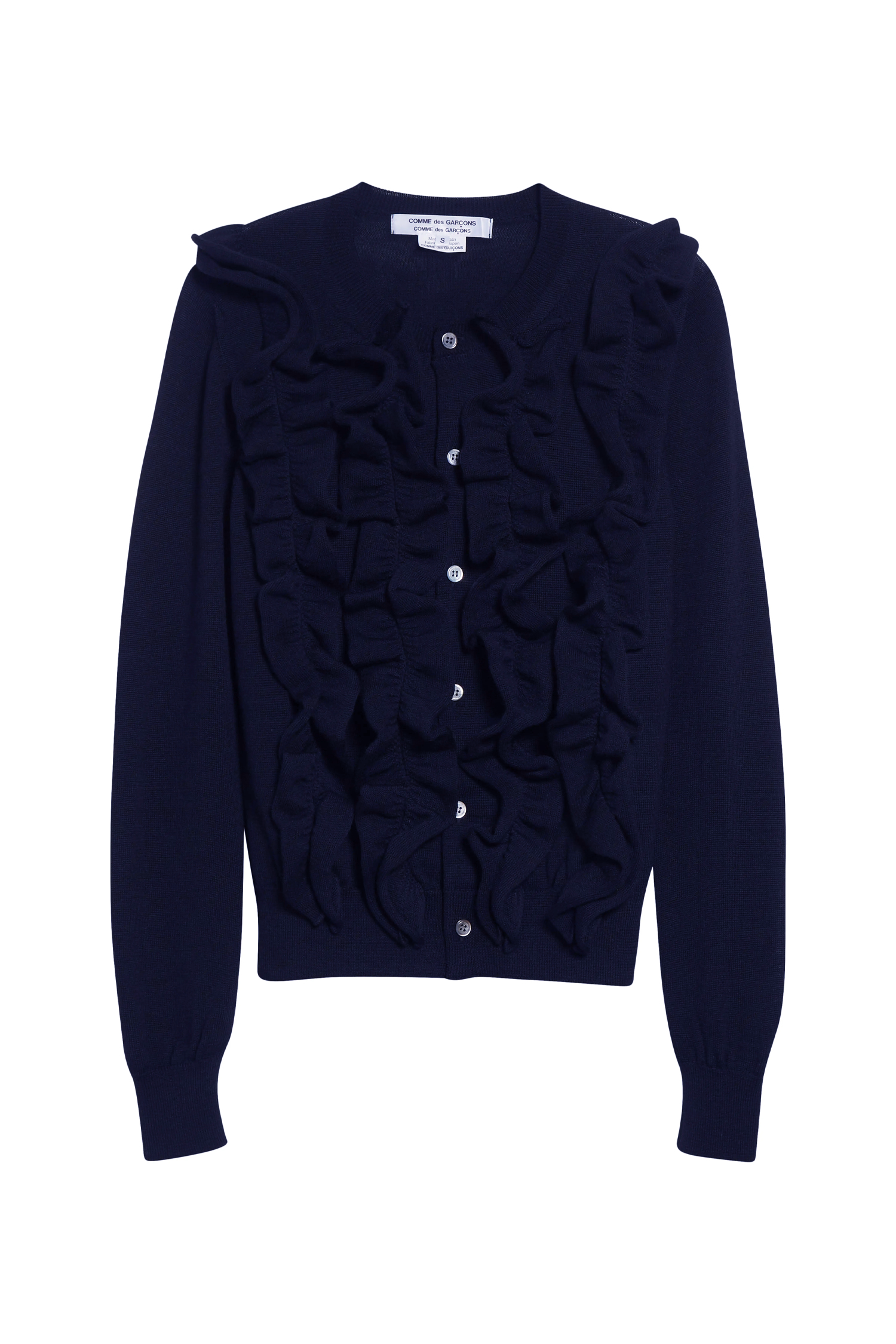RUFFLE BUTTON-UP CARDIGAN IN NAVY, FW25