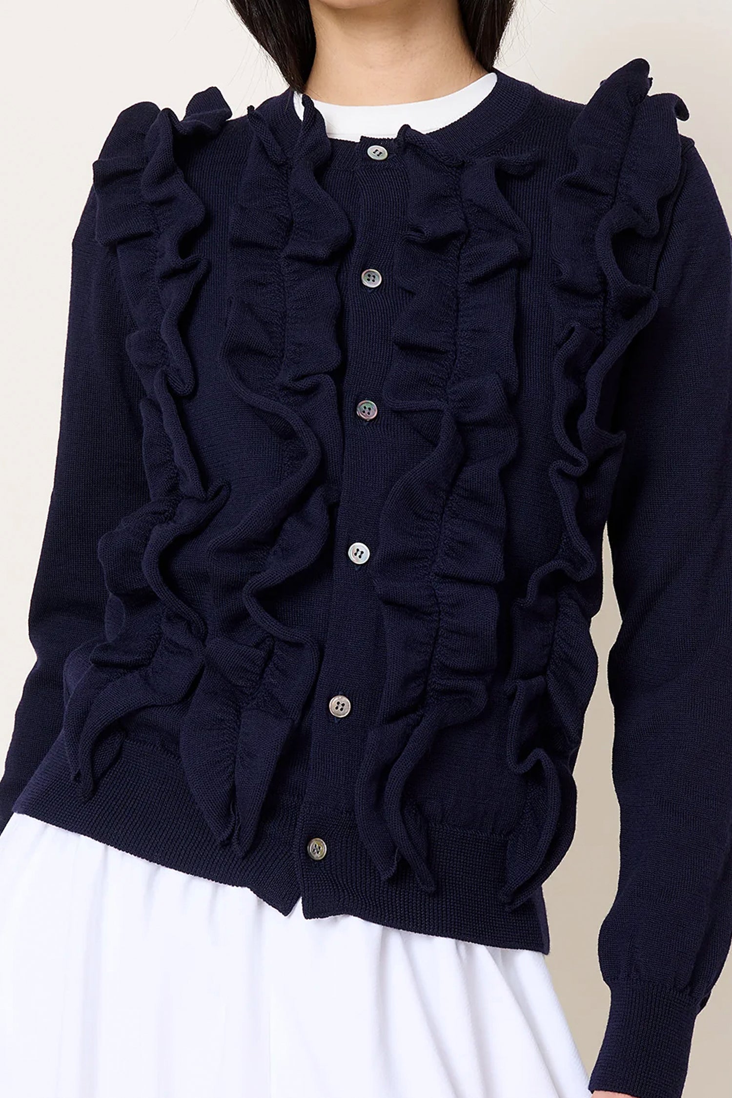 RUFFLE BUTTON-UP CARDIGAN IN NAVY, FW25