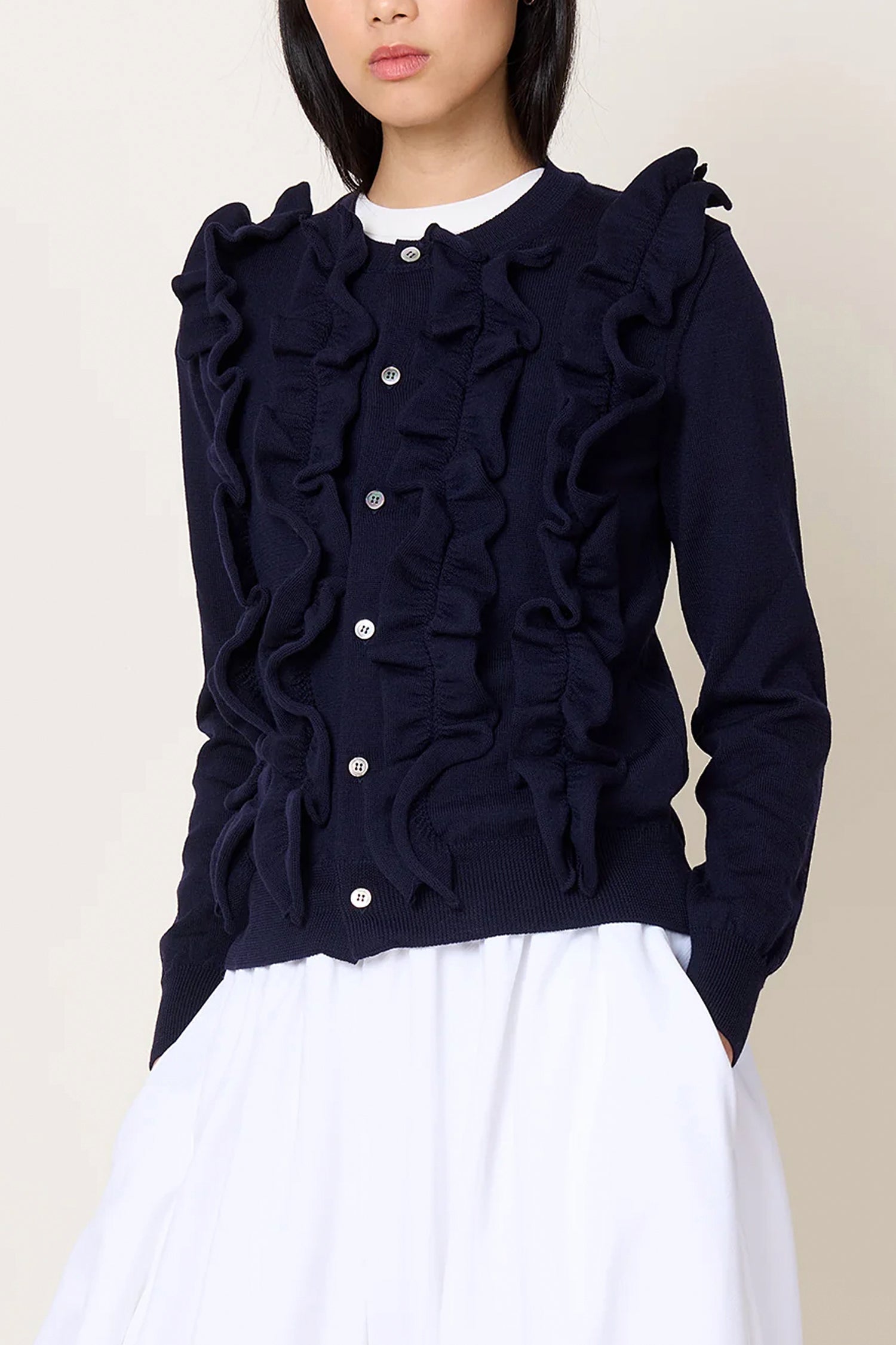 RUFFLE BUTTON-UP CARDIGAN IN NAVY, FW25