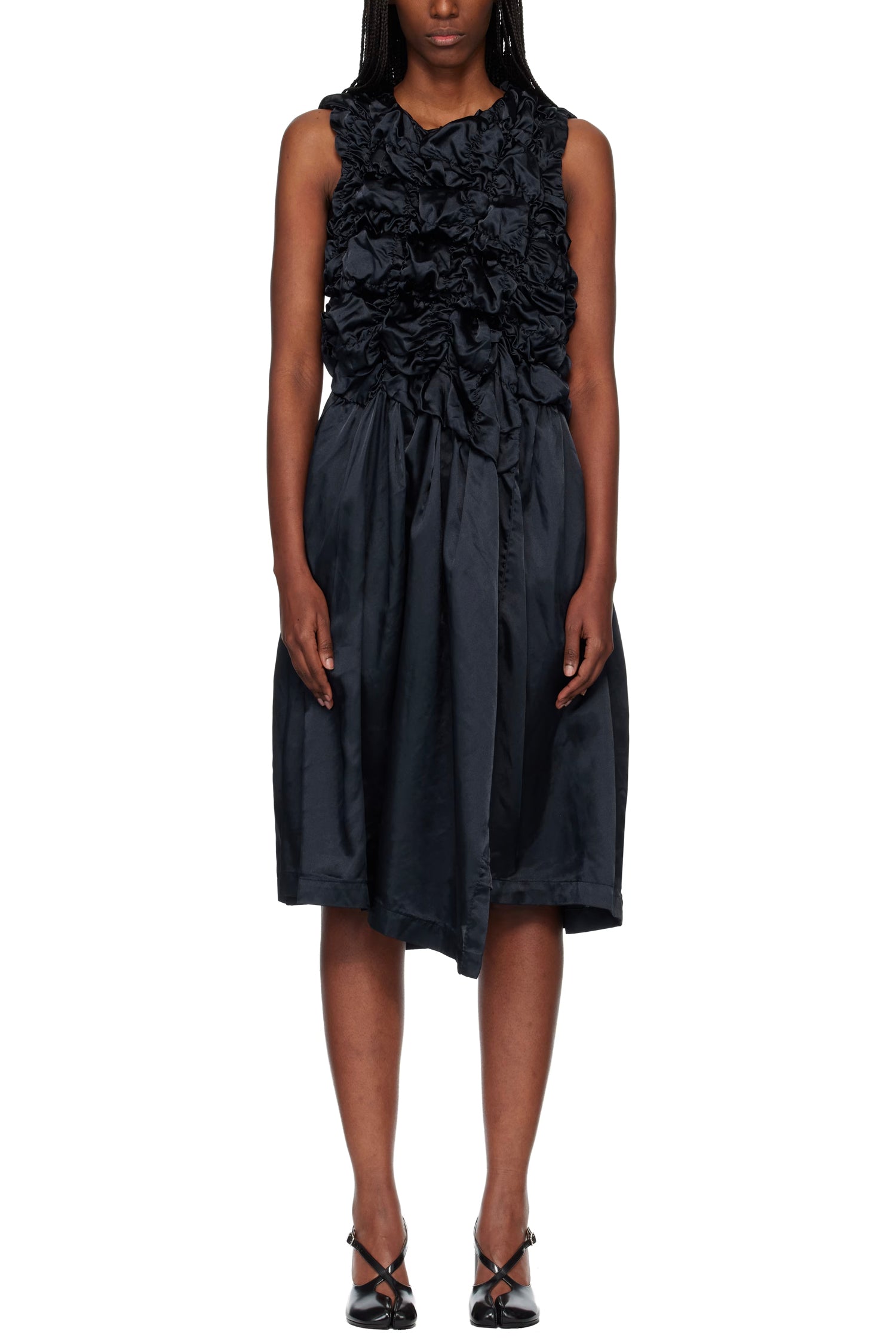 GATHERED BODICE DRESS IN NAVY, SS26