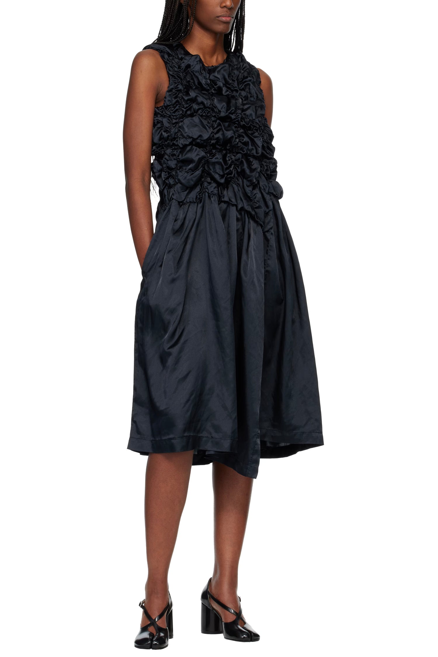 GATHERED BODICE DRESS IN NAVY, SS26