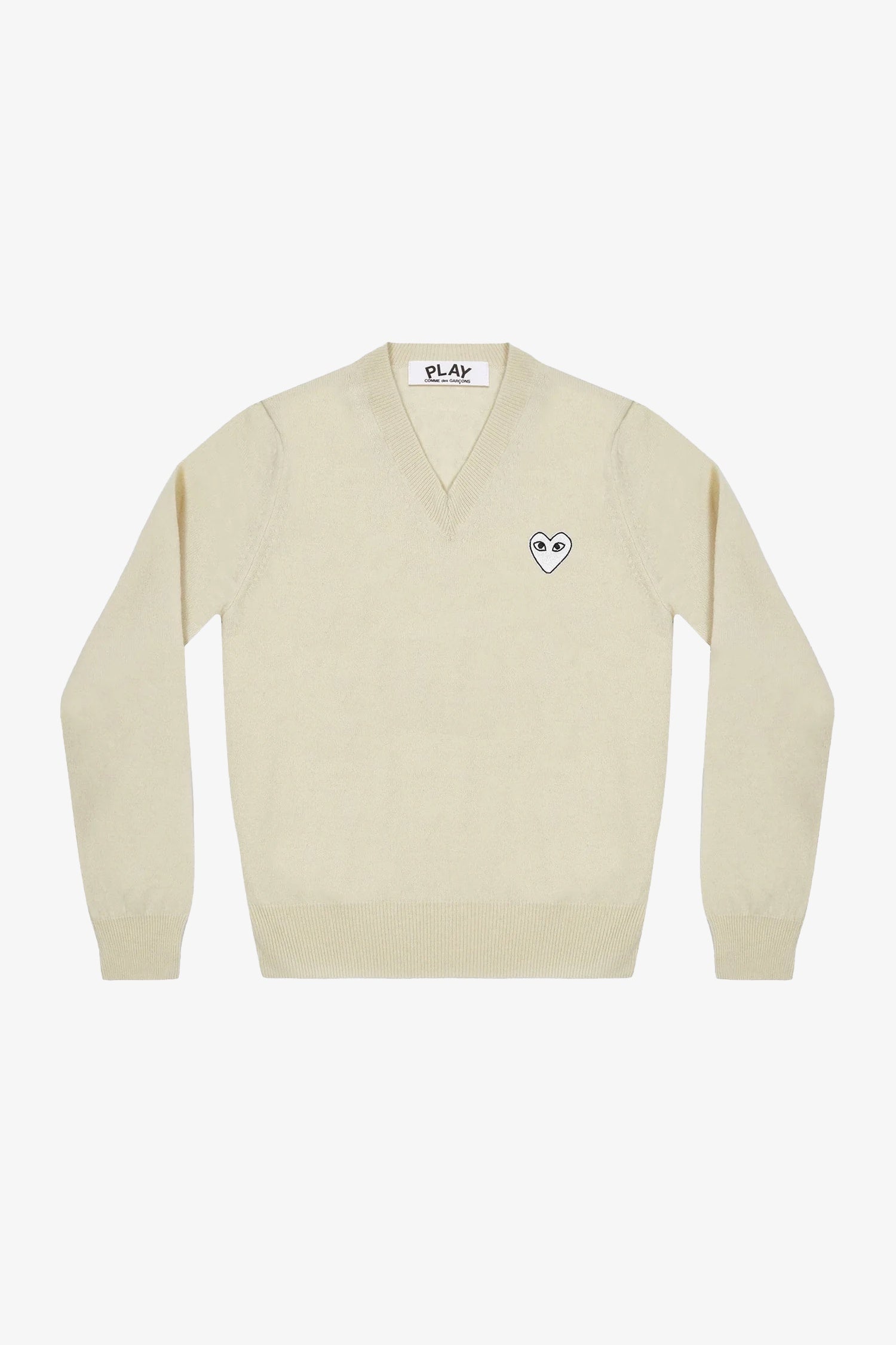 UNISEX V-NECK SWEATER W WHITE EMB. HEART IN NATURAL, SS26