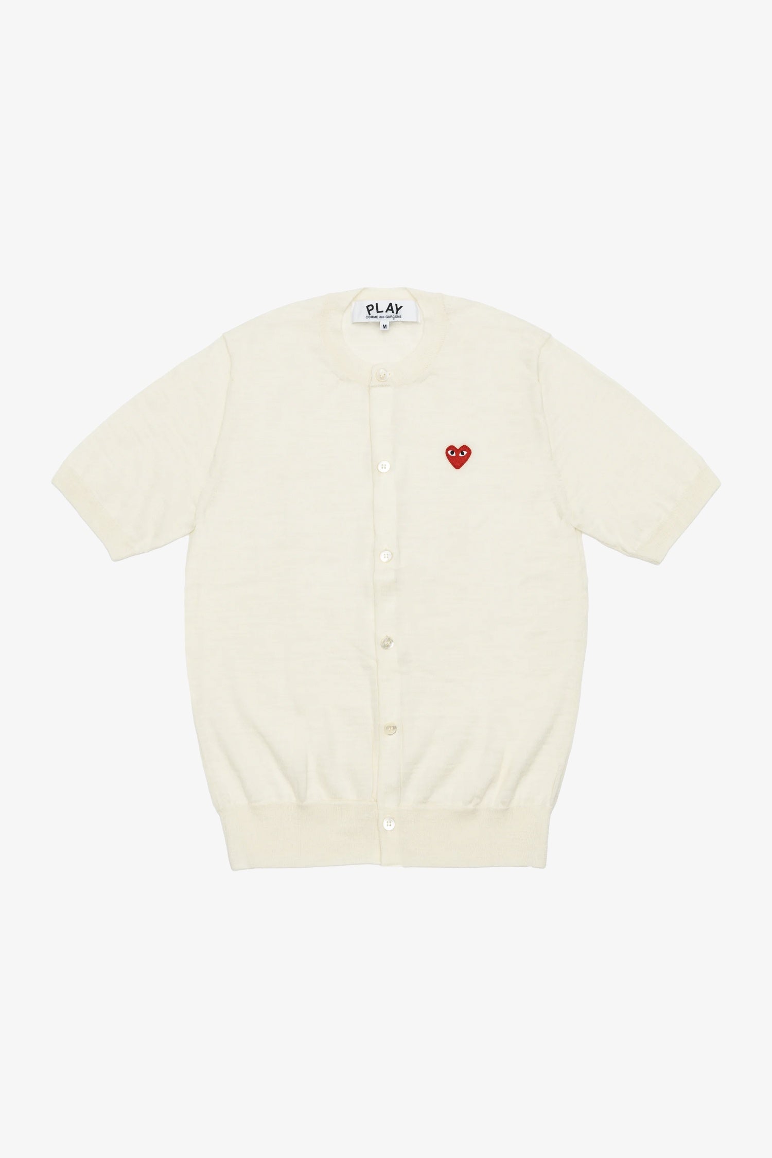 UNISEX SHORT SLEEVE CARDIGAN W. RED HEART EMB. IN WHITE, SS26