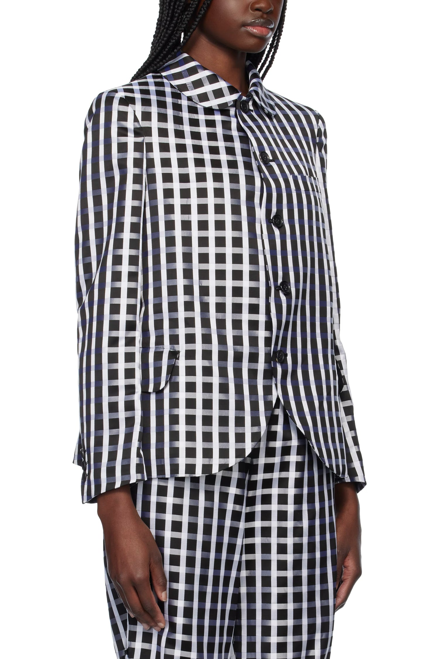 ROUND COLLAR CHECK JACKET IN BLACK/WHITE, SS25