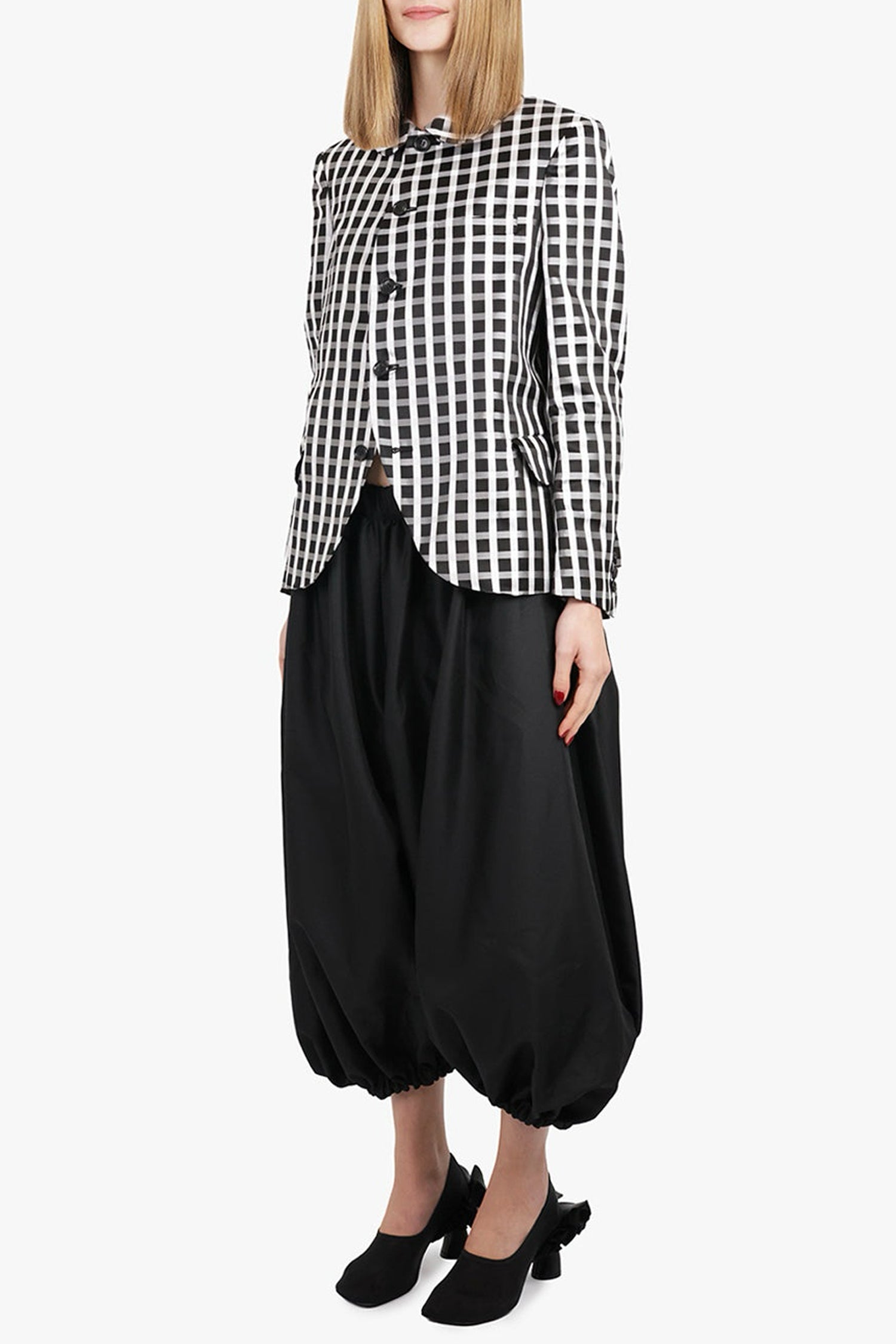 ROUND COLLAR CHECK JACKET IN BLACK/WHITE, SS25