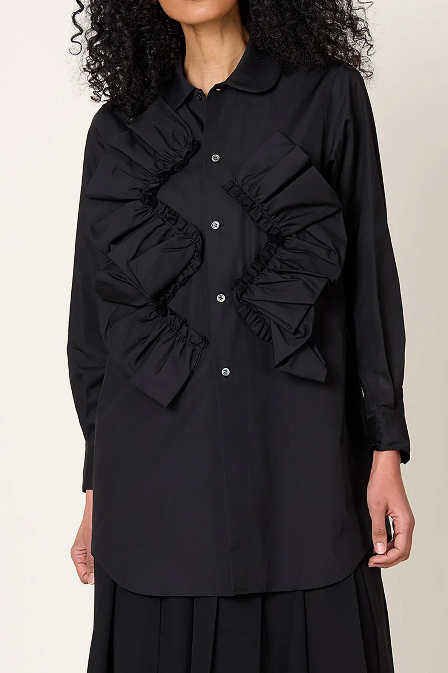 FRILL FRONT SHIRT IN BLACK,SS25