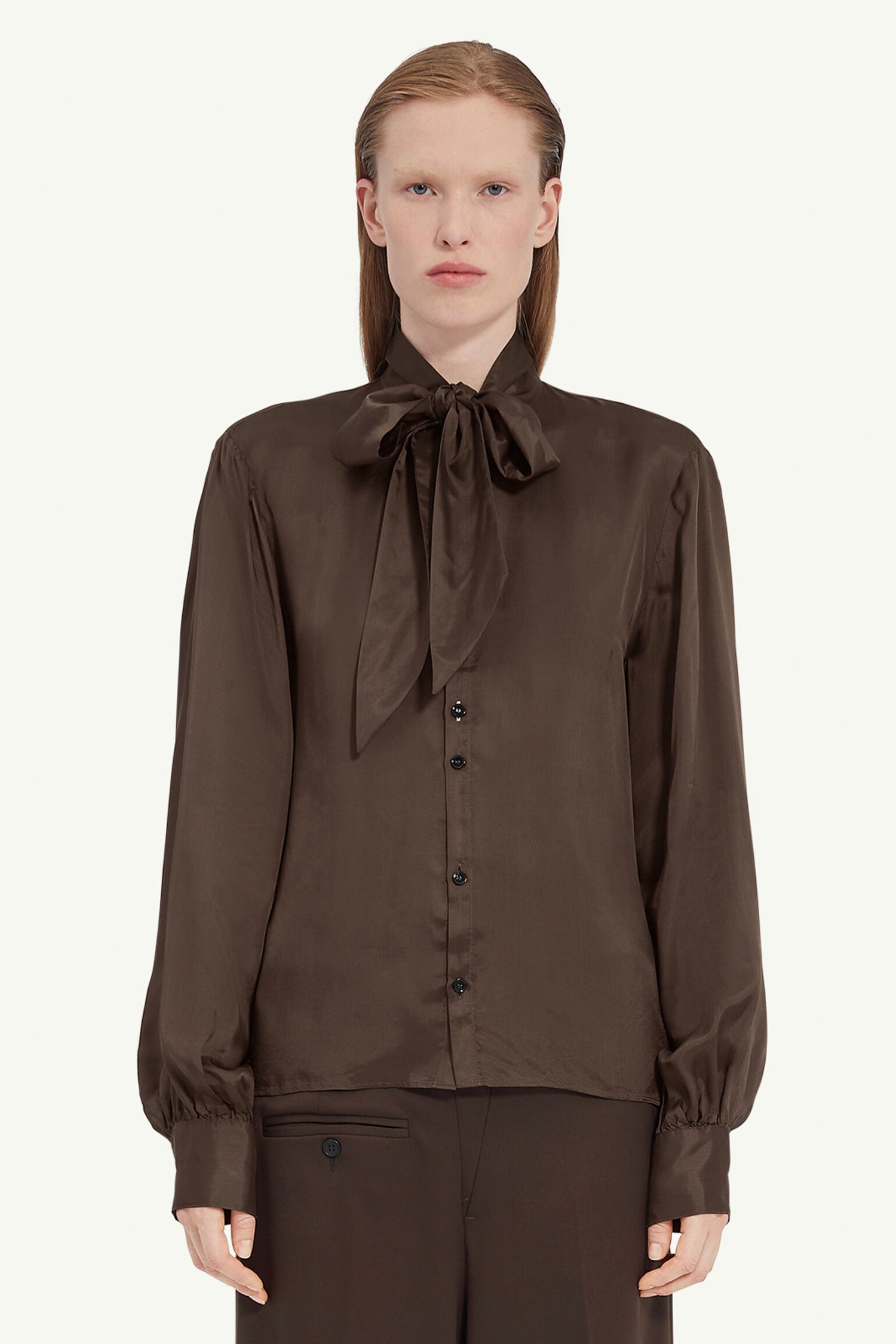 TWIST BOW SHIRT IN BROWN, SS25