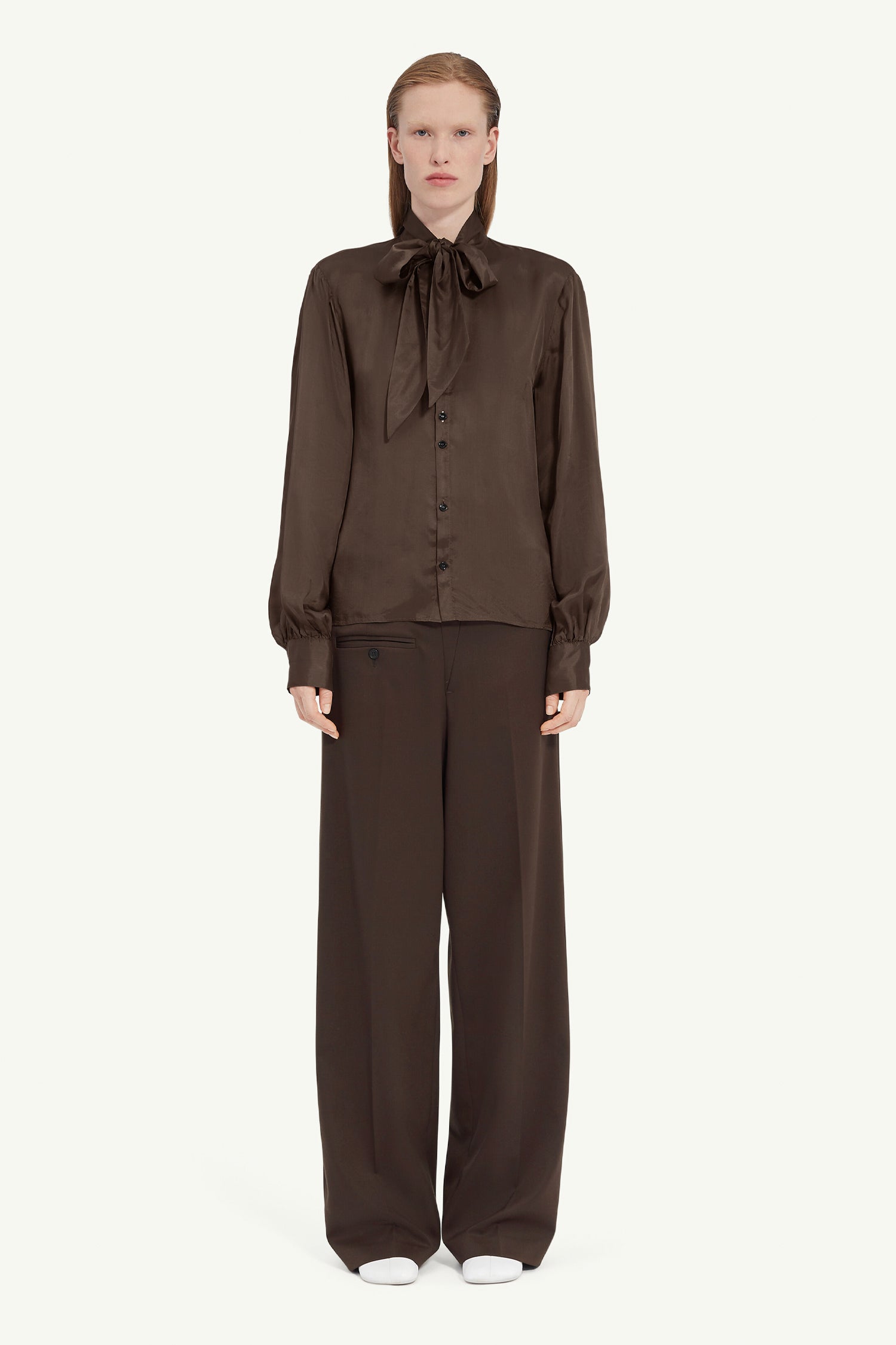 TWIST BOW SHIRT IN BROWN, SS25