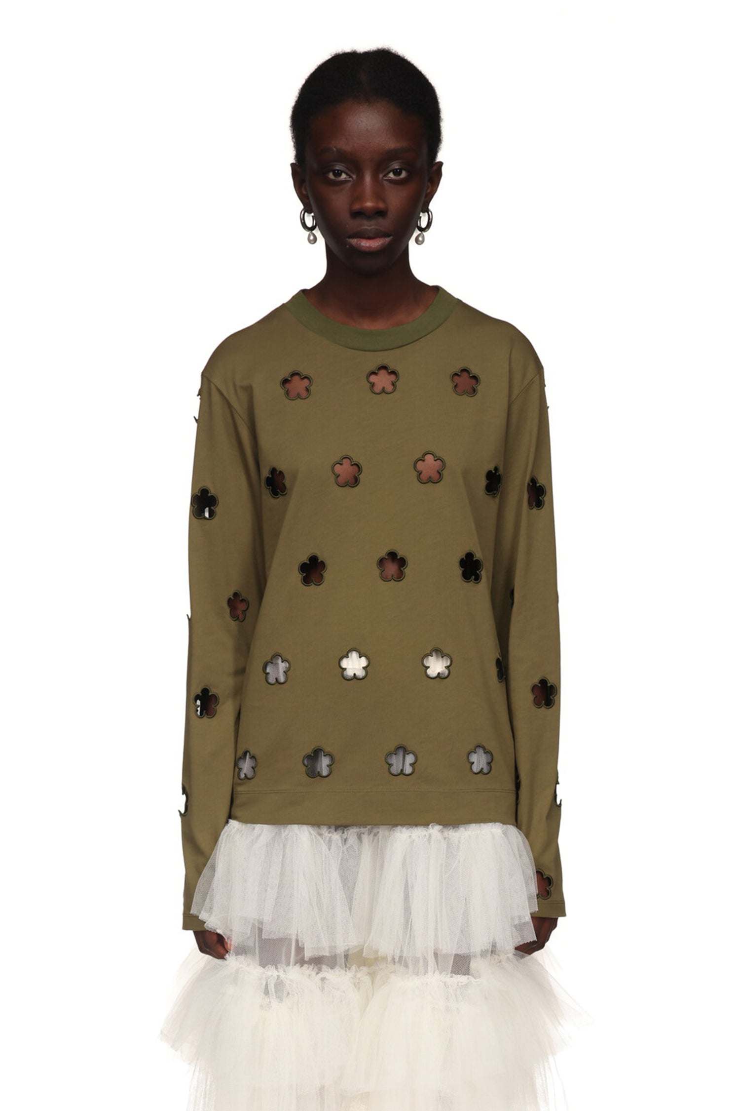 L/S FLOWER CUT-OUT T-SHIRT IN KHAKI, SS23