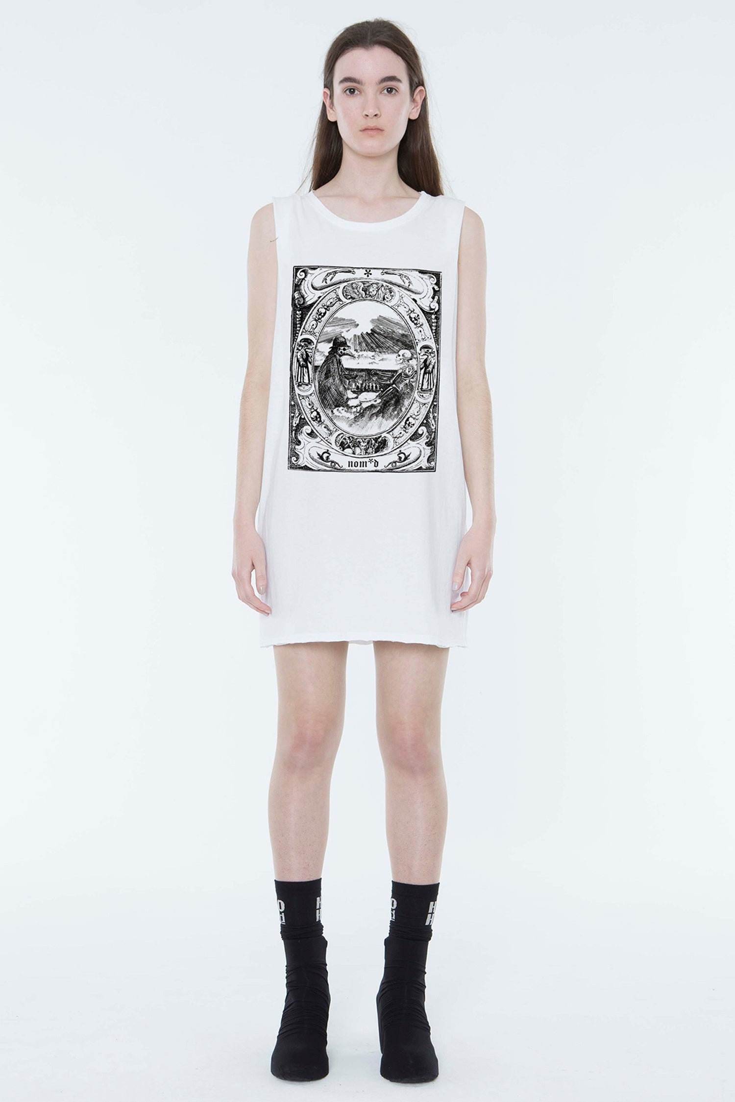 CHECKMATE TANK DRESS IN WHITE WITH BLACK PRINT, S23