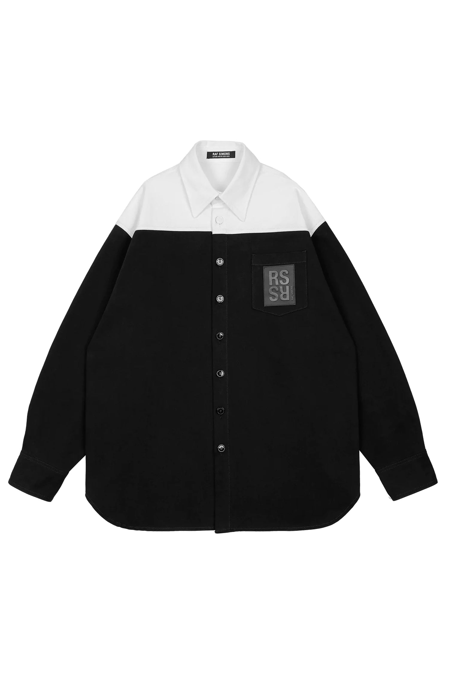OVERSIZED BICOLOR DENIM SHIRT WITH R PIN IN BACK IN BLACK/WHITE, FW22