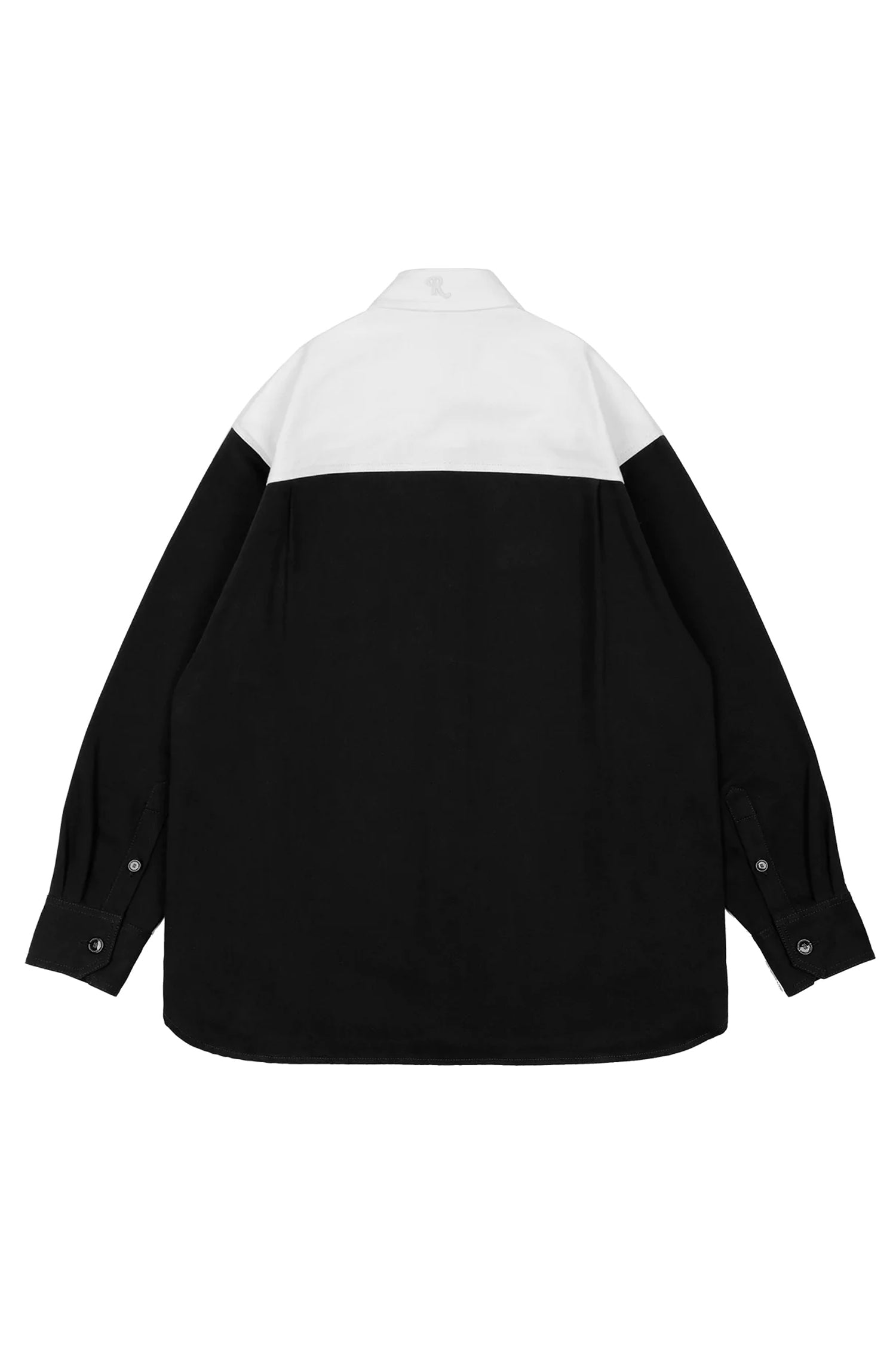 OVERSIZED BICOLOR DENIM SHIRT WITH R PIN IN BACK IN BLACK/WHITE, FW22