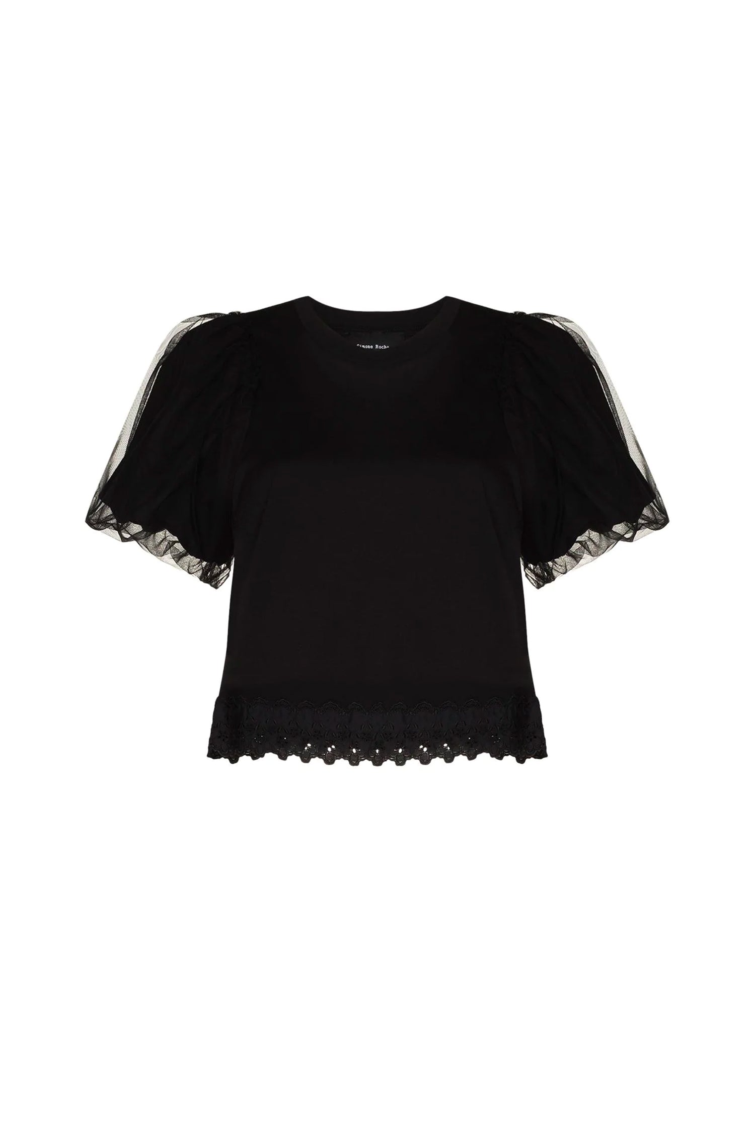CROPPED SHORT PUFF SLEEVE T-SHIRT W/TRIM & OVERLAY, S22