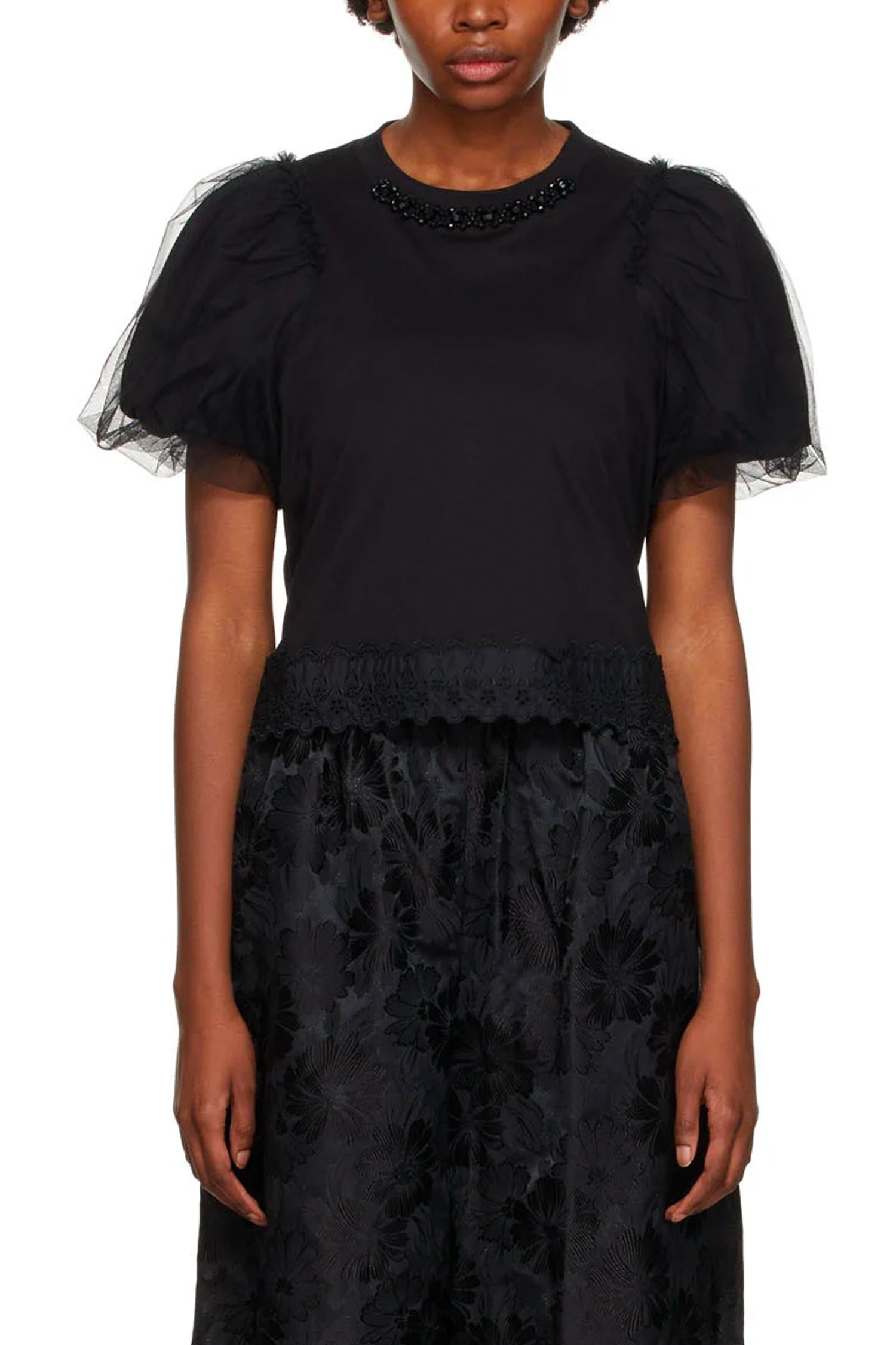 CROPPED SHORT PUFF SLEEVE T-SHIRT W/TRIM & OVERLAY, S22