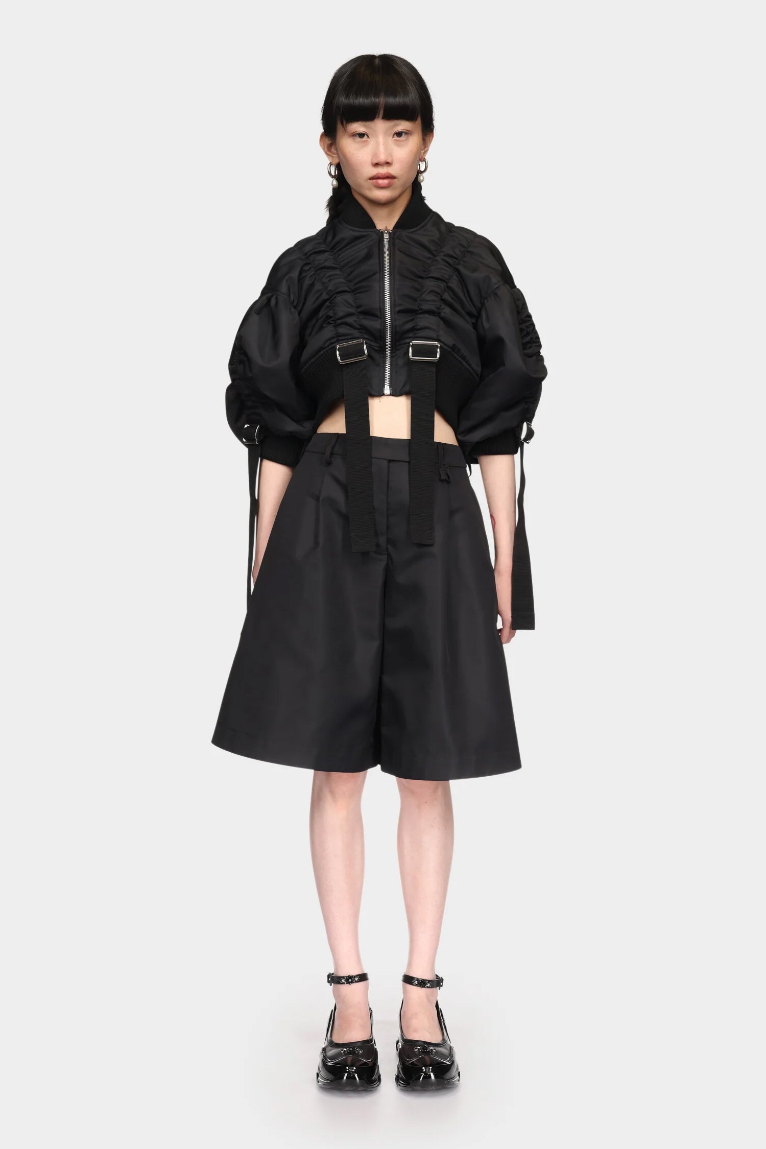 CROPPED BOMBER JACKET W/ ADJUSTABLE SLIDERS IN BLACK, SS23